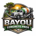 Bayou Concrete Pros logo with cement truck and bayou landscape, featuring cypress trees and bold professional text