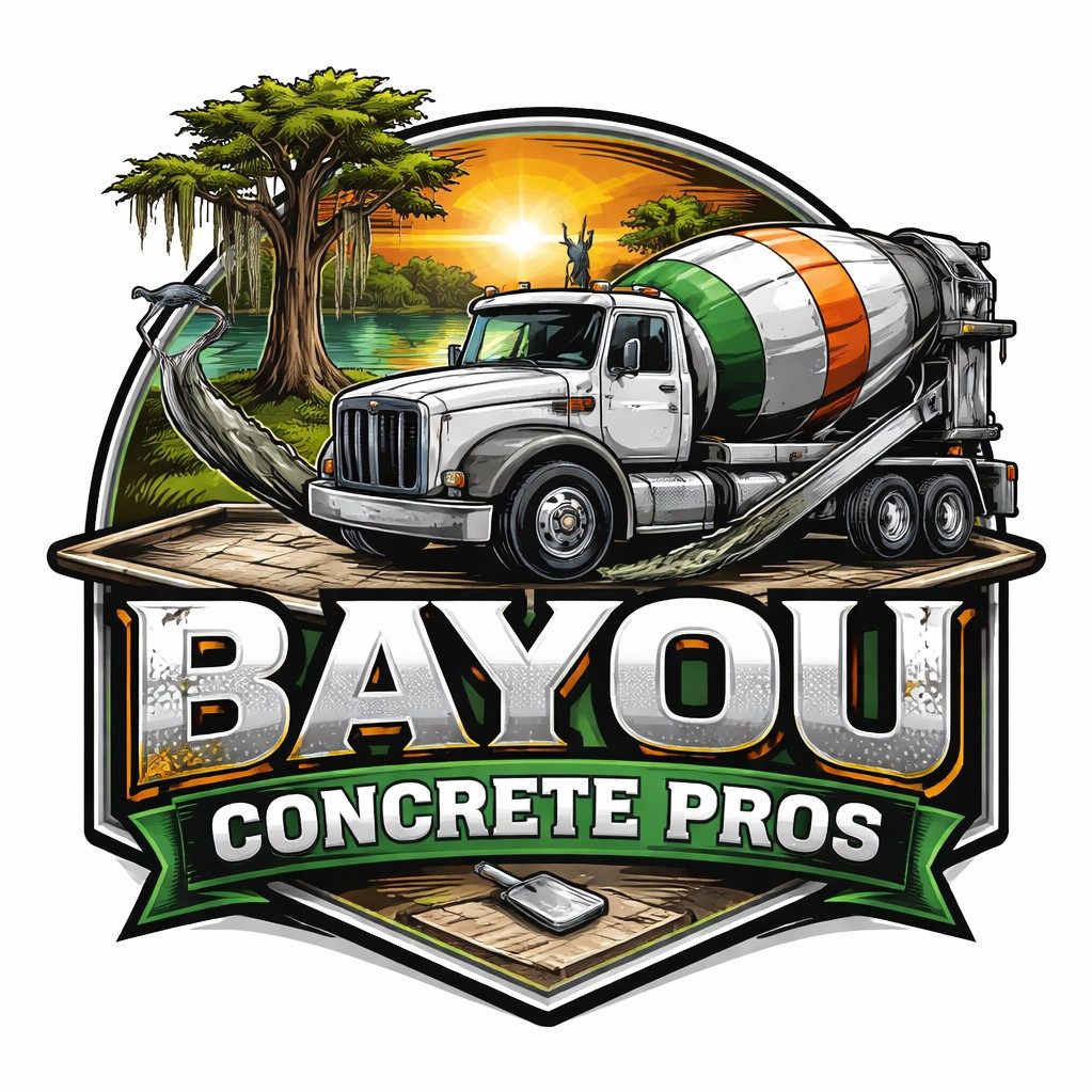 Bayou Concrete Pros logo with cement truck and bayou landscape, featuring cypress trees and bold professional text